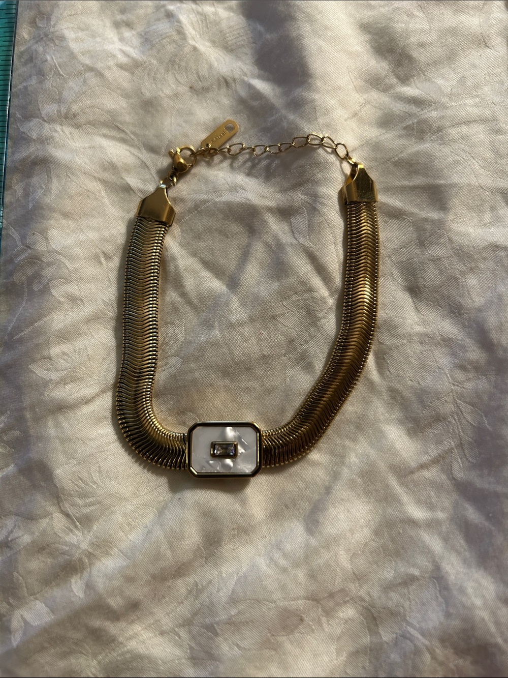 Gold-Tone over Stainless Steel Statement Bracelet with Mother-of-Pearl Center